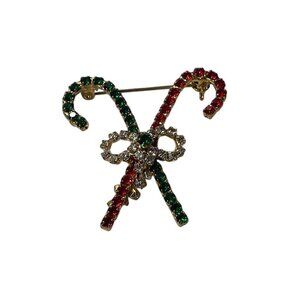 Christmas Candy Cane Rhinestone Brooch Pin With Gold-Tone Finish